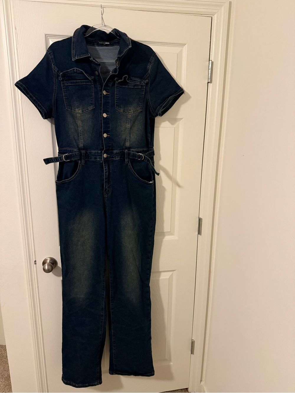 Fashion Nova Dark Indigo Short-Sleeve Denim Jumpsuit with Belt